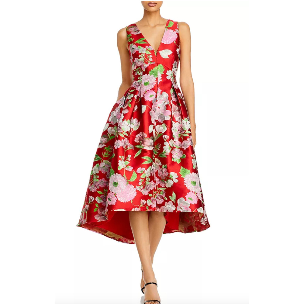 Red Floral V-Neck High-Low Dress